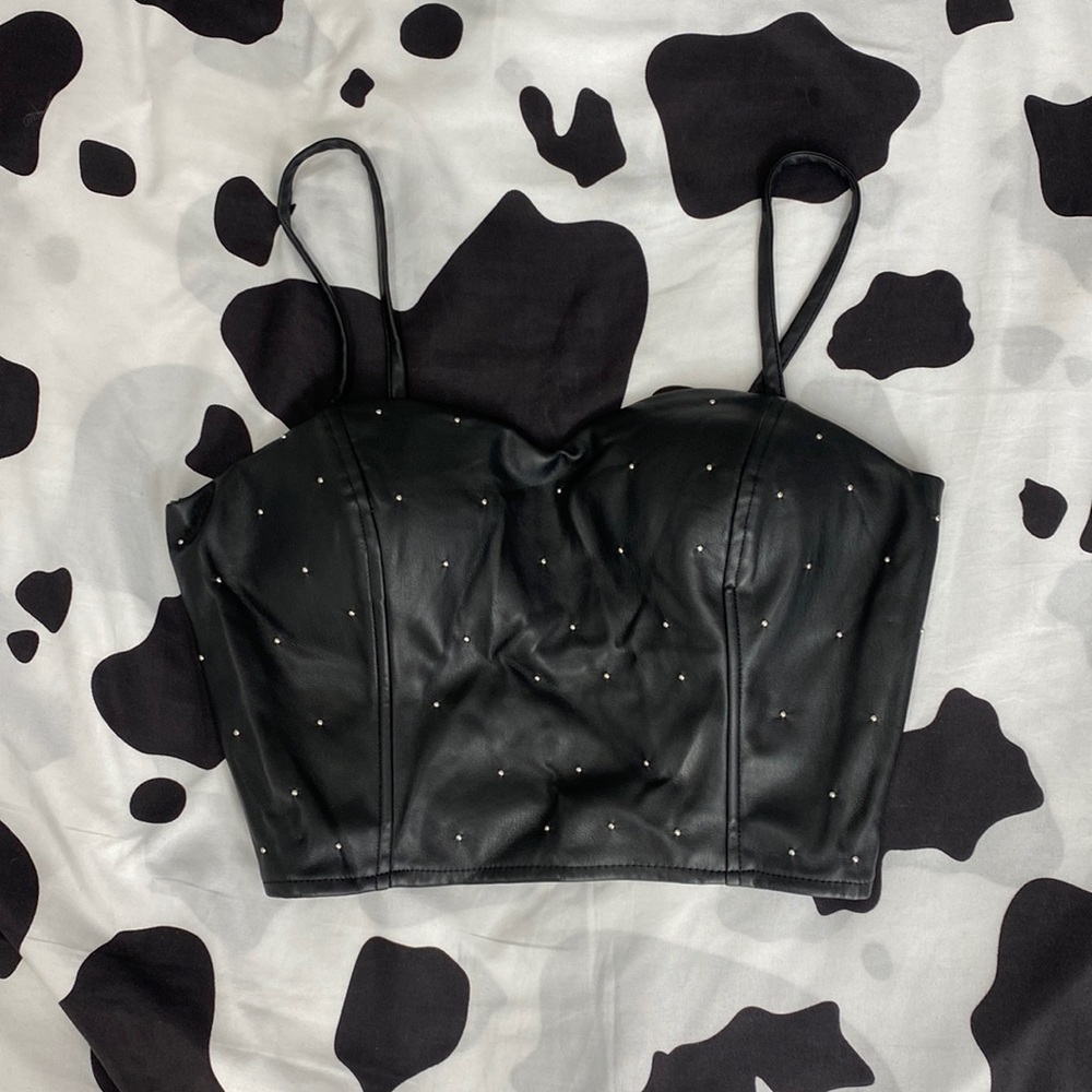 Faux Leather Zip-Up Crop-Top. With tiny Silver Stones and Built-in Bra Padding.